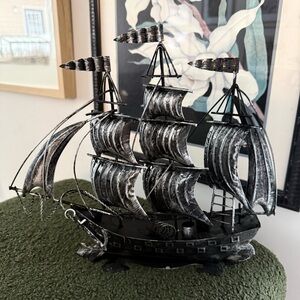 Vintage Black Metal Pirate Ship Sailing 11.5” X 10” Nautical Moody Decor Statue